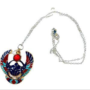 Beetle with wings, blue & red bright colors, tribal looking on silver chain